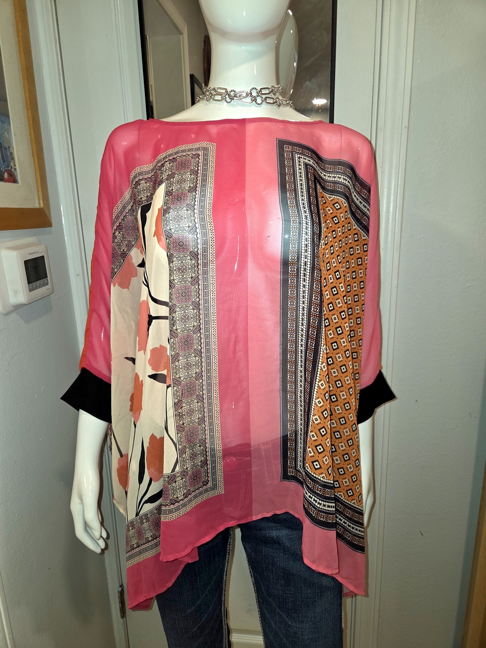 IMAN Pink Multi-Panel Sheer Tunic with Black Cuffs Sz M/L